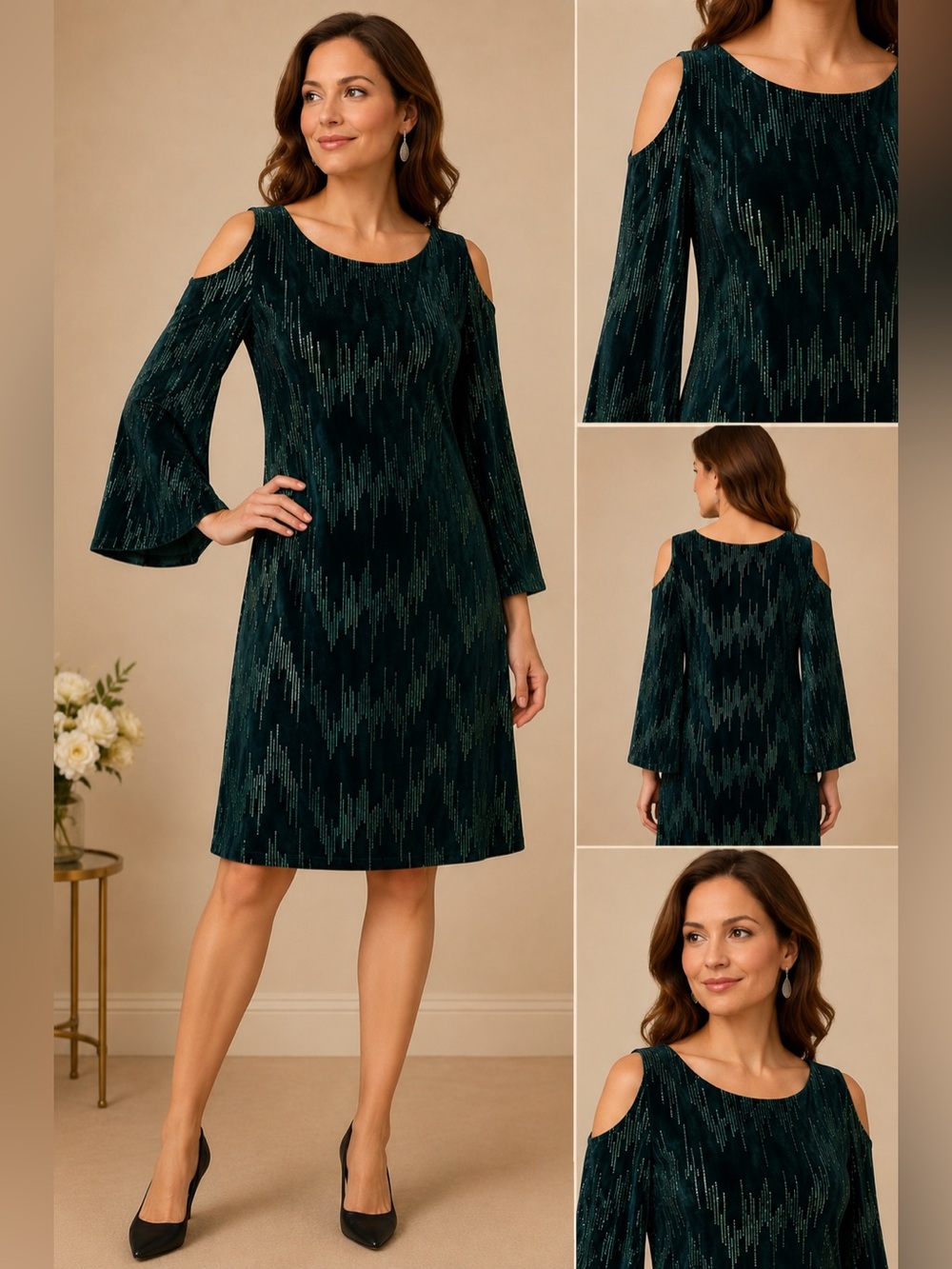 Elegant Forrest Green Velvet Shift Dress with Sequence